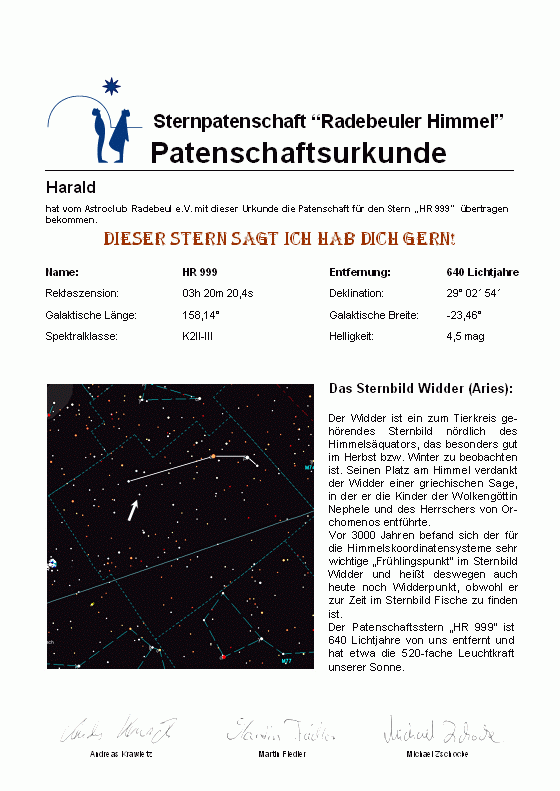 Beispiel einer Sternpatenschaftsurkunde des Astroclub Radebeul e. V.